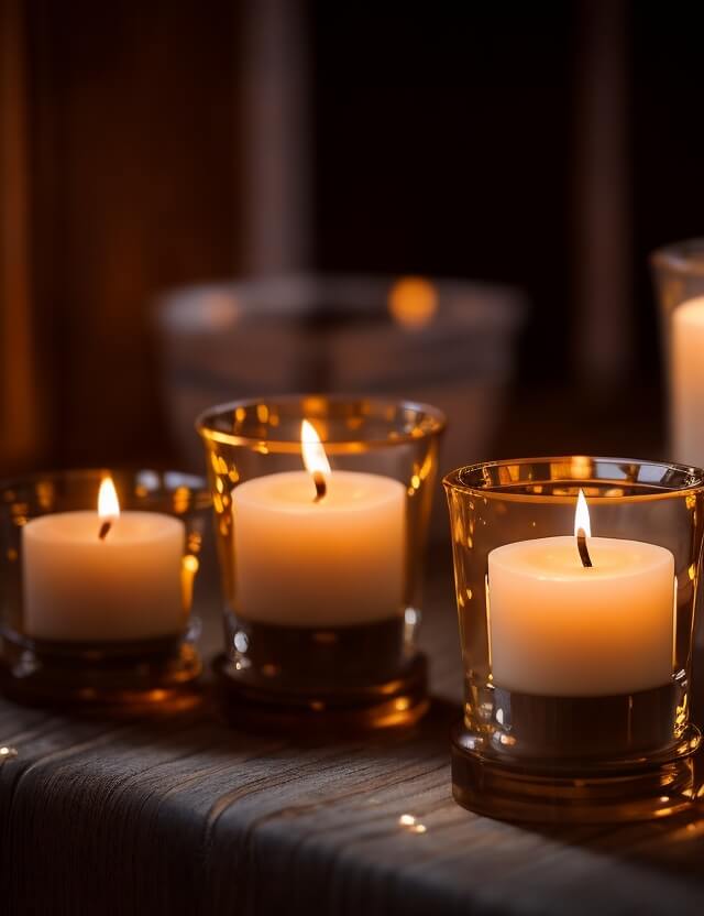 Essential oil candles lit and placed delicately