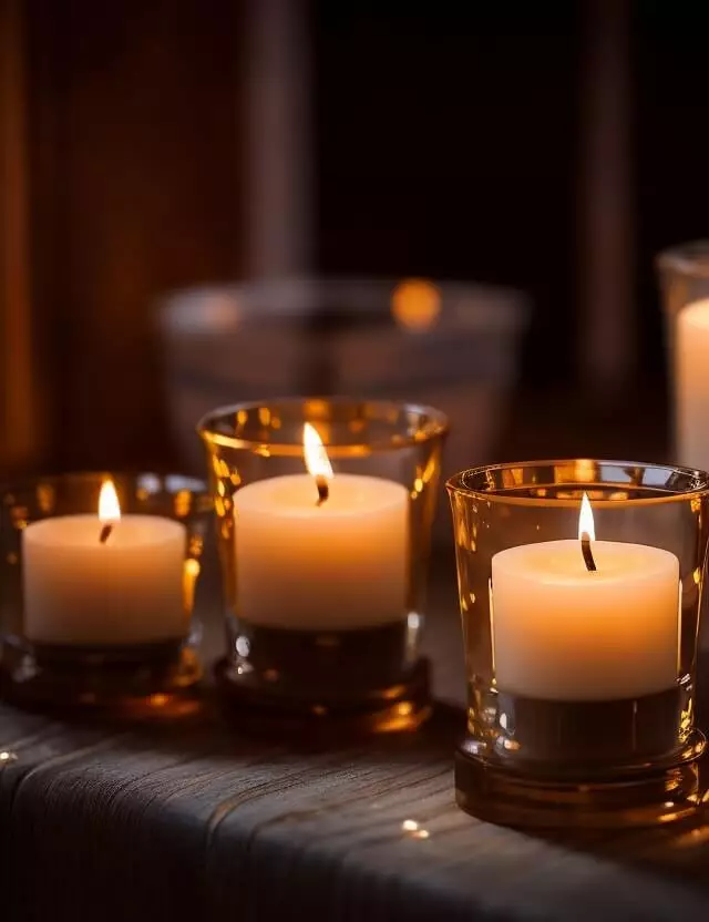 Essential oil candles lit and placed delicately